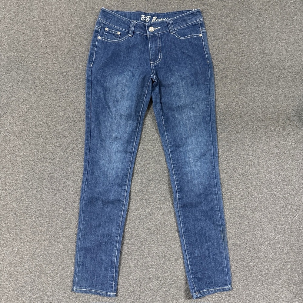 Y2K BB Jeans Slim Denim Womens Size 3 Blue Good Butterfly Rhinestone Embellished
